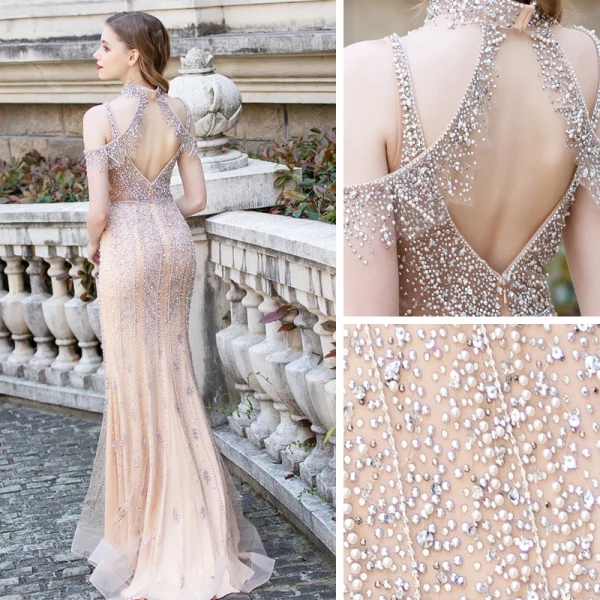Haut de Gamme Champagne Transparentes Tapis rouge Robe De Soirée 2020 Trompette / Sirène Col v profond Sans Manches Perlage Faux Diamant Train De Balayage Volants Dos Nu Robe De Ceremonie