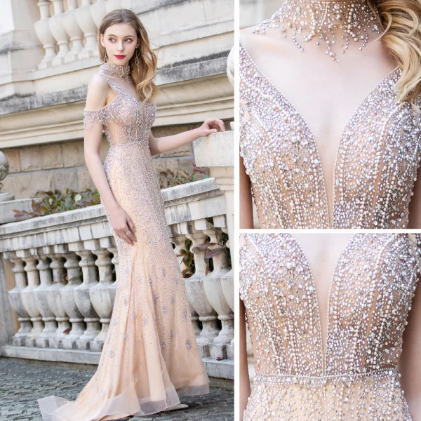Haut de Gamme Champagne Transparentes Tapis rouge Robe De Soirée 2020 Trompette / Sirène Col v profond Sans Manches Perlage Faux Diamant Train De Balayage Volants Dos Nu Robe De Ceremonie