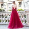 Sexy Burgundy Prom Dresses 2020 A-Line / Princess Spaghetti Straps Sleeveless Rhinestone Beading Split Front Floor-Length / Long Ruffle Backless Formal Dresses