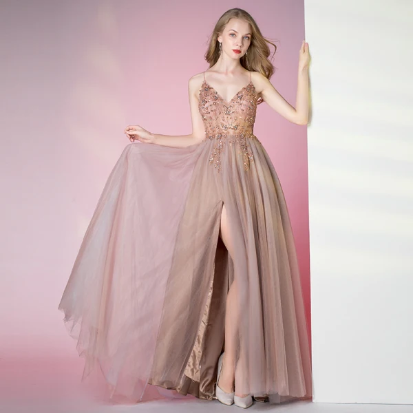 Sexy Burgundy Prom Dresses 2020 A-Line / Princess Spaghetti Straps Sleeveless Rhinestone Beading Split Front Floor-Length / Long Ruffle Backless Formal Dresses