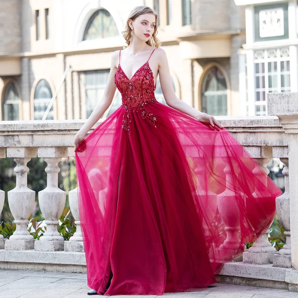 Sexy Burgundy Prom Dresses 2020 A-Line / Princess Spaghetti Straps Sleeveless Rhinestone Beading Split Front Floor-Length / Long Ruffle Backless Formal Dresses