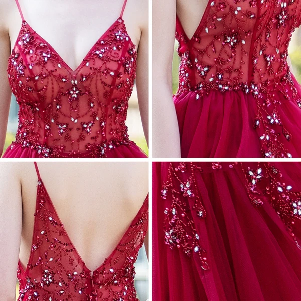 Sexy Burgundy Prom Dresses 2020 A-Line / Princess Spaghetti Straps Sleeveless Rhinestone Beading Split Front Floor-Length / Long Ruffle Backless Formal Dresses