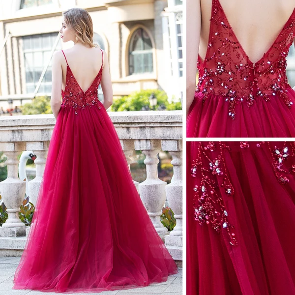 Sexy Burgundy Prom Dresses 2020 A-Line / Princess Spaghetti Straps Sleeveless Rhinestone Beading Split Front Floor-Length / Long Ruffle Backless Formal Dresses