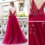 Sexy Burgundy Prom Dresses 2020 A-Line / Princess Spaghetti Straps Sleeveless Rhinestone Beading Split Front Floor-Length / Long Ruffle Backless Formal Dresses