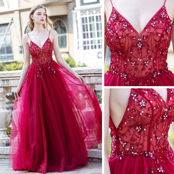 Sexy Burgundy Prom Dresses 2020 A-Line / Princess Spaghetti Straps Sleeveless Rhinestone Beading Split Front Floor-Length / Long Ruffle Backless Formal Dresses