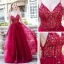 Sexy Burgundy Prom Dresses 2020 A-Line / Princess Spaghetti Straps Sleeveless Rhinestone Beading Split Front Floor-Length / Long Ruffle Backless Formal Dresses
