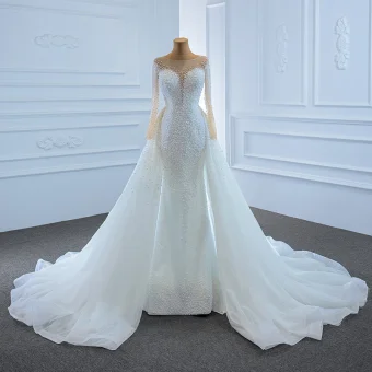 Luxury Gorgeous White See Through Bridal Wedding Dresses 2020 Trumpet Mermaid Square Neckline Long Sleeve Backless Handmade Beading Pearl Court Train Ruffle