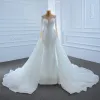 Luksusowe Białe Przezroczyste ślubna Suknie Ślubne 2020 Syrena / Rozkloszowane Kwadratowy Dekolt Długie Rękawy Bez Pleców Wykonany Ręcznie Frezowanie Perła Trenem Sąd Wzburzyć