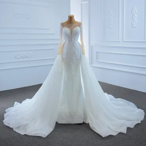 Luxus Herrlich Weiß Durchsichtige Hochzeits Brautkleider Hochzeitskleider 2020 Meerjungfrau Eckiger Ausschnitt Lange Ärmel Rückenfreies Handgefertigt Perlenstickerei Perle Hof Schleppe Rüschen