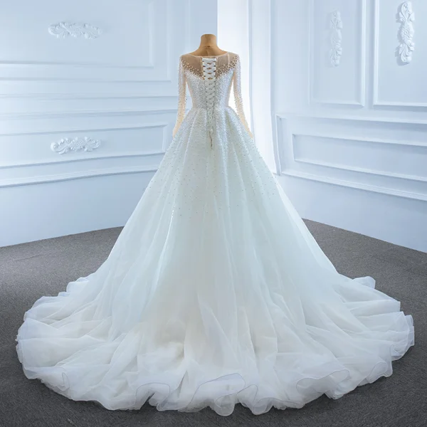 Luxe Blanche Transparentes La Mariée Robe De Mariée 2020 Trompette / Sirène Encolure Carrée Manches Longues Dos Nu Fait main Perlage Perle Tribunal Train Volants