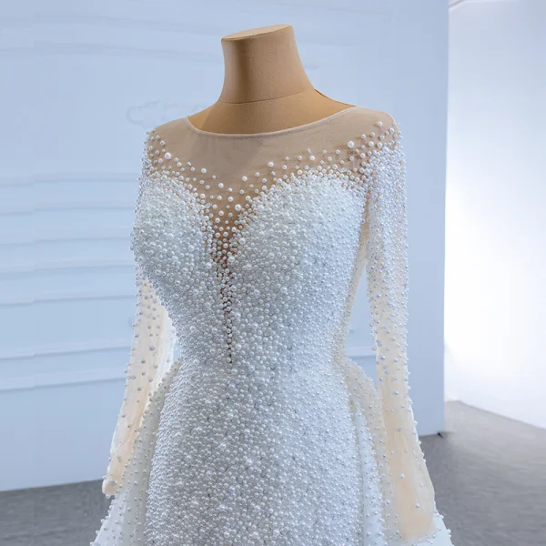 Luxe Blanche Transparentes La Mariée Robe De Mariée 2020 Trompette / Sirène Encolure Carrée Manches Longues Dos Nu Fait main Perlage Perle Tribunal Train Volants