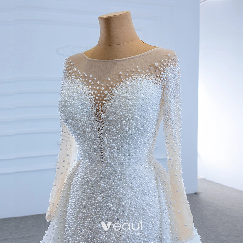 chinese dress ladies Luxury Mermaid Sequins Beading Pearls Wedding Dress White / 22w