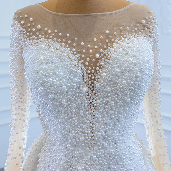 Luxe Blanche Transparentes La Mariée Robe De Mariée 2020 Trompette / Sirène Encolure Carrée Manches Longues Dos Nu Fait main Perlage Perle Tribunal Train Volants