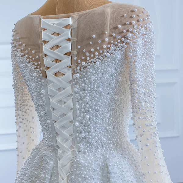 Luxe Blanche Transparentes La Mariée Robe De Mariée 2020 Trompette / Sirène Encolure Carrée Manches Longues Dos Nu Fait main Perlage Perle Tribunal Train Volants
