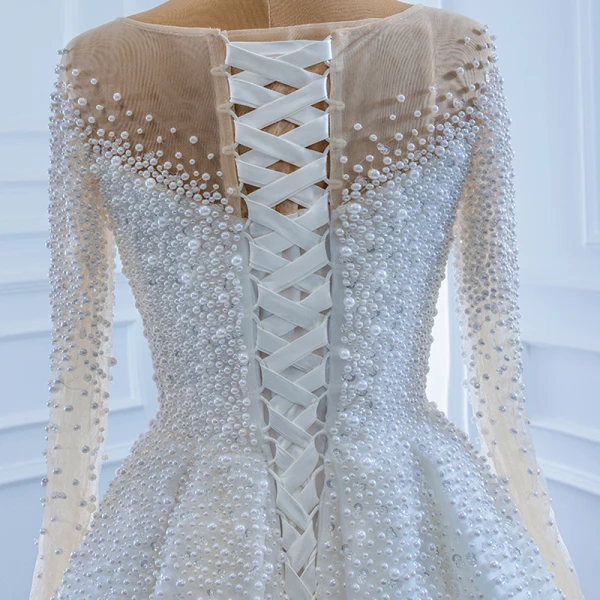 Luxe Blanche Transparentes La Mariée Robe De Mariée 2020 Trompette / Sirène Encolure Carrée Manches Longues Dos Nu Fait main Perlage Perle Tribunal Train Volants