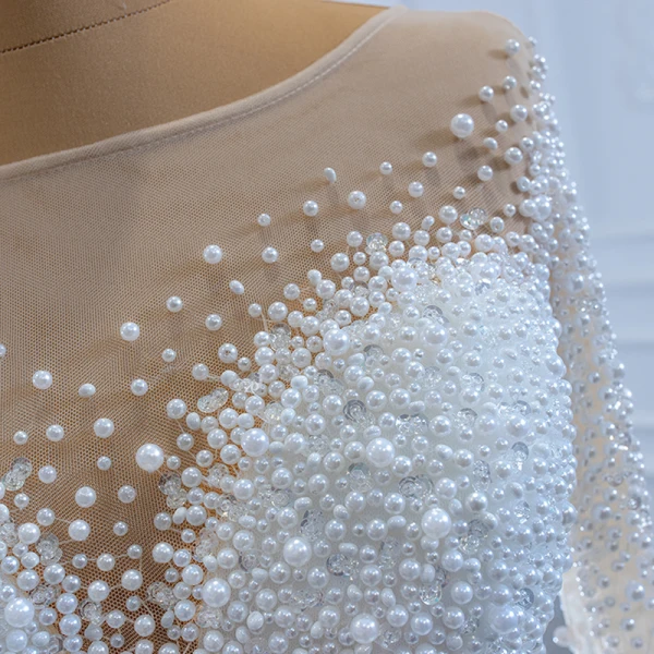 Luxe Blanche Transparentes La Mariée Robe De Mariée 2020 Trompette / Sirène Encolure Carrée Manches Longues Dos Nu Fait main Perlage Perle Tribunal Train Volants