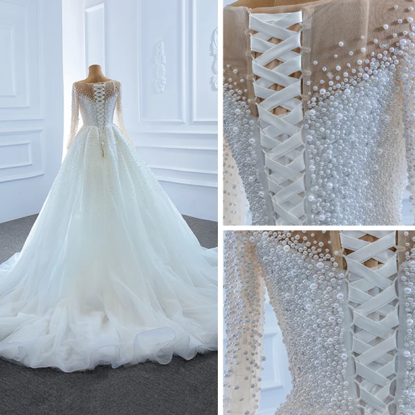 Luxe Blanche Transparentes La Mariée Robe De Mariée 2020 Trompette / Sirène Encolure Carrée Manches Longues Dos Nu Fait main Perlage Perle Tribunal Train Volants