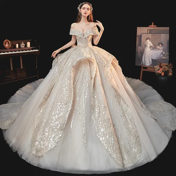 Luxury / Gorgeous Champagne Bridal Wedding Dresses 2020 Ball Gown Off-The-Shoulder Short Sleeve Backless Sequins Beading Glitter Tulle Royal Train Ruffle