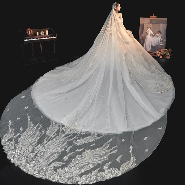 Luxury / Gorgeous Champagne Bridal Wedding Dresses 2020 Ball Gown Off-The-Shoulder Short Sleeve Backless Sequins Beading Glitter Tulle Royal Train Ruffle