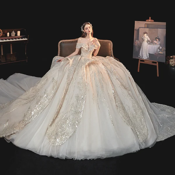 Luxury / Gorgeous Champagne Bridal Wedding Dresses 2020 Ball Gown Off-The-Shoulder Short Sleeve Backless Sequins Beading Glitter Tulle Royal Train Ruffle