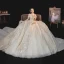 Luxury / Gorgeous Champagne Bridal Wedding Dresses 2020 Ball Gown Off-The-Shoulder Short Sleeve Backless Sequins Beading Glitter Tulle Royal Train Ruffle