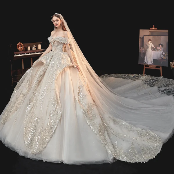 Luxury / Gorgeous Champagne Bridal Wedding Dresses 2020 Ball Gown Off-The-Shoulder Short Sleeve Backless Sequins Beading Glitter Tulle Royal Train Ruffle