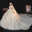 Luxury / Gorgeous Champagne Bridal Wedding Dresses 2020 Ball Gown Off-The-Shoulder Short Sleeve Backless Sequins Beading Glitter Tulle Royal Train Ruffle