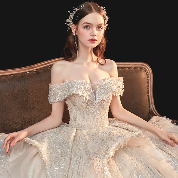 Luxury / Gorgeous Champagne Bridal Wedding Dresses 2020 Ball Gown Off-The-Shoulder Short Sleeve Backless Sequins Beading Glitter Tulle Royal Train Ruffle