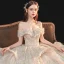 Luxury / Gorgeous Champagne Bridal Wedding Dresses 2020 Ball Gown Off-The-Shoulder Short Sleeve Backless Sequins Beading Glitter Tulle Royal Train Ruffle