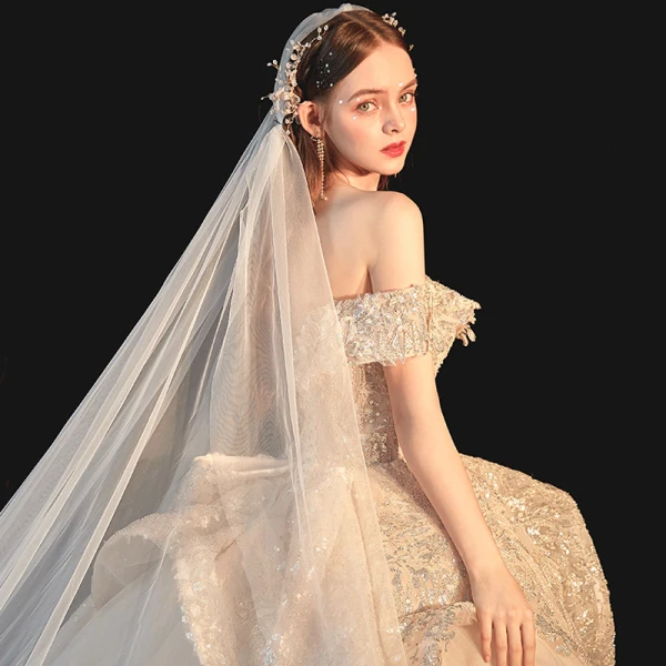 Luxury / Gorgeous Champagne Bridal Wedding Dresses 2020 Ball Gown Off-The-Shoulder Short Sleeve Backless Sequins Beading Glitter Tulle Royal Train Ruffle