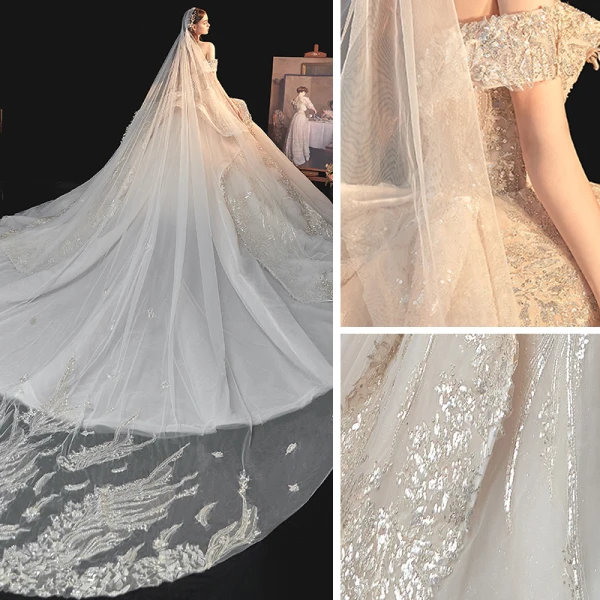 Luxury / Gorgeous Champagne Bridal Wedding Dresses 2020 Ball Gown Off-The-Shoulder Short Sleeve Backless Sequins Beading Glitter Tulle Royal Train Ruffle