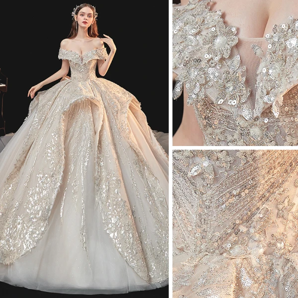 Luxury / Gorgeous Champagne Bridal Wedding Dresses 2020 Ball Gown Off-The-Shoulder Short Sleeve Backless Sequins Beading Glitter Tulle Royal Train Ruffle
