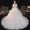 Illusion Champagne Bridal Wedding Dresses 2020 Ball Gown See-through Deep V-Neck Long Sleeve Backless Appliques Lace Beading Bow Sash Glitter Tulle Cathedral Train Ruffle