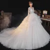 Illusion Champagne Bridal Wedding Dresses 2020 Ball Gown See-through Deep V-Neck Long Sleeve Backless Appliques Lace Beading Bow Sash Glitter Tulle Cathedral Train Ruffle