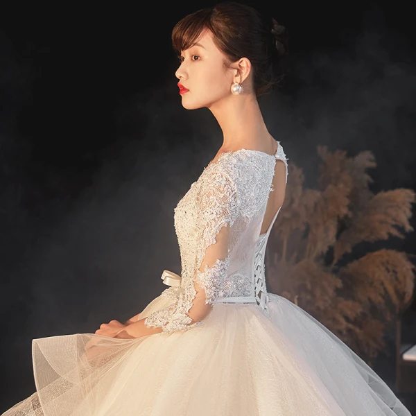 Illusion Champagne La Mariée Robe De Mariée 2020 Robe Boule Transparentes Col v profond Manches Longues Dos Nu Appliques En Dentelle Perlage Noeud Ceinture Glitter Tulle Cathedral Train Volants