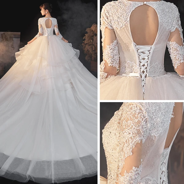 Illusion Champagne La Mariée Robe De Mariée 2020 Robe Boule Transparentes Col v profond Manches Longues Dos Nu Appliques En Dentelle Perlage Noeud Ceinture Glitter Tulle Cathedral Train Volants