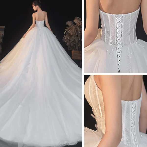 Elegant Elfenben Bryllups Brudekjoler 2020 Ballkjole Kjæreste Uten Ermer Ryggløse Appliques Paljetter Beading Glitter Tyll Cathedral Train Buste