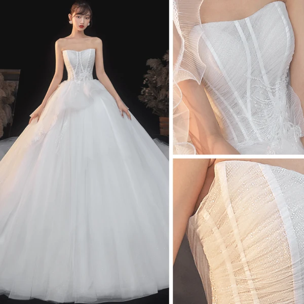 Elegant Elfenben Bryllups Brudekjoler 2020 Ballkjole Kjæreste Uten Ermer Ryggløse Appliques Paljetter Beading Glitter Tyll Cathedral Train Buste