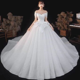 Vintage Originale Ivoire Satin La Mariée Robe De Mariée 2020 Robe Boule De L 039 Épaule Manches Courtes Dos Nu Glitter Tulle Cathedral Train Volants