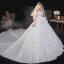 Vintage / Retro Ivory Satin Bridal Wedding Dresses 2020 Ball Gown Off-The-Shoulder Short Sleeve Backless Glitter Tulle Cathedral Train Ruffle