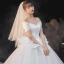 Vintage / Retro Ivory Satin Bridal Wedding Dresses 2020 Ball Gown Off-The-Shoulder Short Sleeve Backless Glitter Tulle Cathedral Train Ruffle