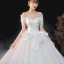 Vintage / Retro Ivory Satin Bridal Wedding Dresses 2020 Ball Gown Off-The-Shoulder Short Sleeve Backless Glitter Tulle Cathedral Train Ruffle