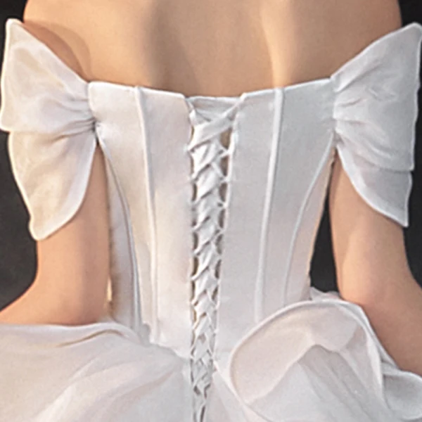 Vintage / Retro Ivory Satin Bridal Wedding Dresses 2020 Ball Gown Off-The-Shoulder Short Sleeve Backless Glitter Tulle Cathedral Train Ruffle