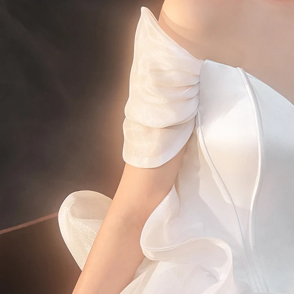 Vintage / Retro Ivory Satin Bridal Wedding Dresses 2020 Ball Gown Off-The-Shoulder Short Sleeve Backless Glitter Tulle Cathedral Train Ruffle