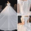 Vintage / Retro Ivory Satin Bridal Wedding Dresses 2020 Ball Gown Off-The-Shoulder Short Sleeve Backless Glitter Tulle Cathedral Train Ruffle