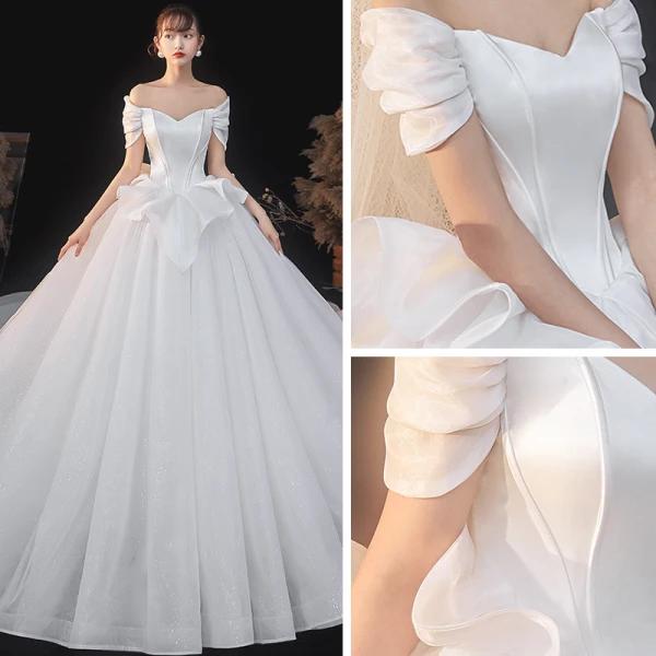 Vintage / Retro Ivory Satin Bridal Wedding Dresses 2020 Ball Gown Off-The-Shoulder Short Sleeve Backless Glitter Tulle Cathedral Train Ruffle