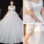 Vintage / Retro Ivory Satin Bridal Wedding Dresses 2020 Ball Gown Off-The-Shoulder Short Sleeve Backless Glitter Tulle Cathedral Train Ruffle