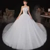 Modest / Simple Ivory Bridal Wedding Dresses 2020 Empire Strapless Sleeveless Backless Cathedral Train Ruffle