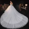 Modest / Simple Ivory Bridal Wedding Dresses 2020 Empire Strapless Sleeveless Backless Cathedral Train Ruffle