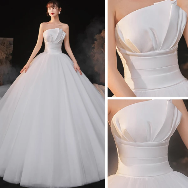 Modest / Simple Ivory Bridal Wedding Dresses 2020 Empire Strapless Sleeveless Backless Cathedral Train Ruffle